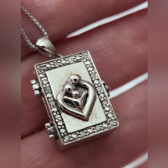 Vintage 925 real diamonds box couple & child necklace 80's photo Locket chain - Picture 4 of 16